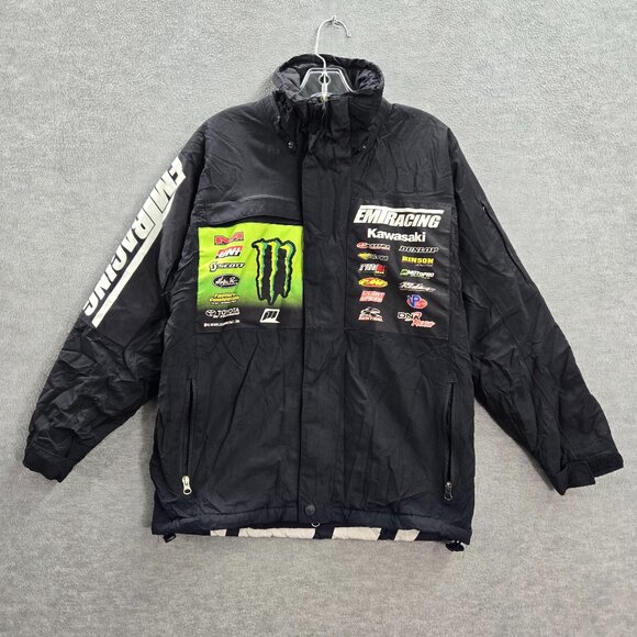 Monster x‎ Kawasaki Boy Racing Jacket Large Black Fleece Lined Logo Full Zip Y2K
